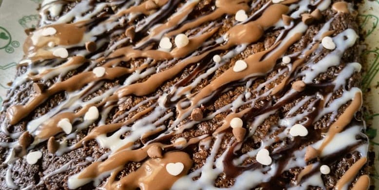 Onederful Bakes brownie slab drizzled with milk, white and dark chocolate