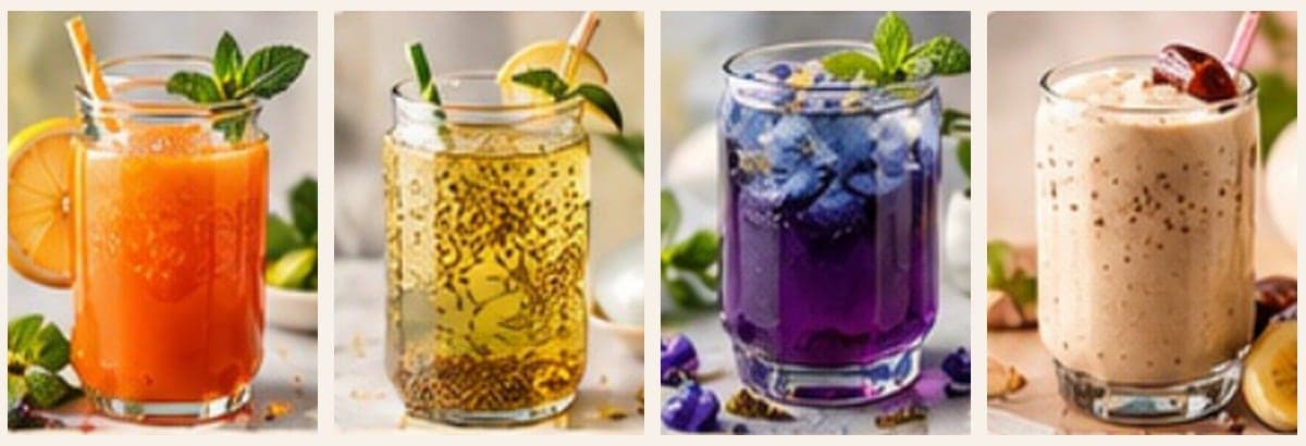 Four Noor’s Nutrition drinks including ABC juice, zeera saunf water, blue pea tea and a smoothie