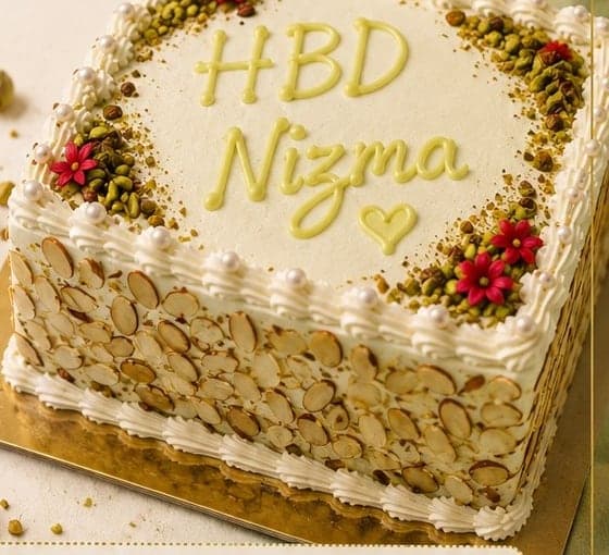 A personalised pistachio celebration cake with almond flakes and piped cream