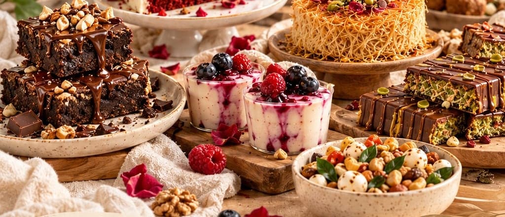 A spread of Onederful Bakes brownies, berry dessert cups, kunafa cake and trail mix